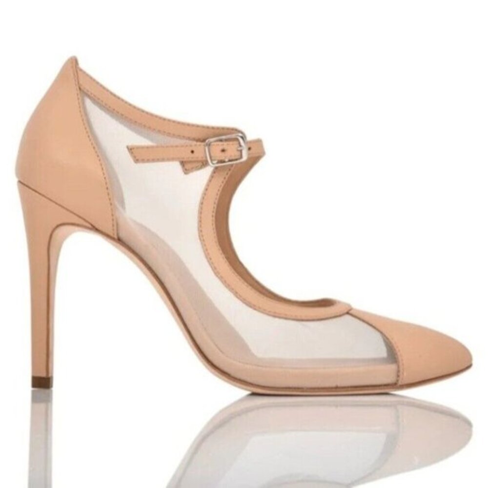 Joan Oloff Rebecca Stilleto Heels Nude Lux Napa & Clear‎ Mesh Women's 9.5 M NEW